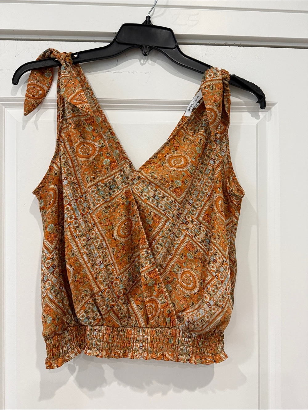 Rose + Olive Orange Paisley Tie Shoulder Smocked Hem Boho Top M